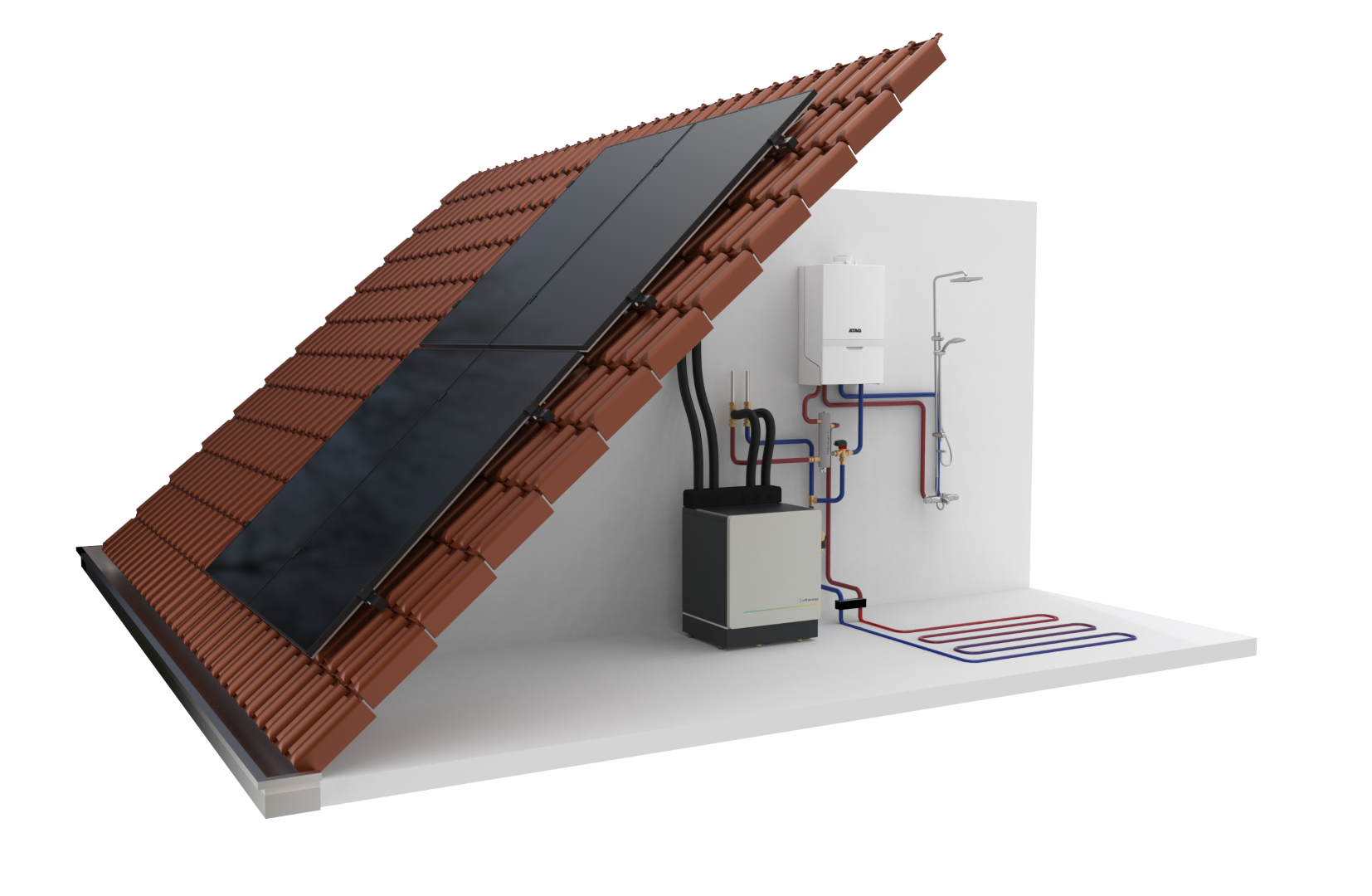 3D-render van een Qsilence PVT hybride systeem: panelen op het dak, warmtepomp en boiler binnen, aangesloten op vloerverwarming en douche