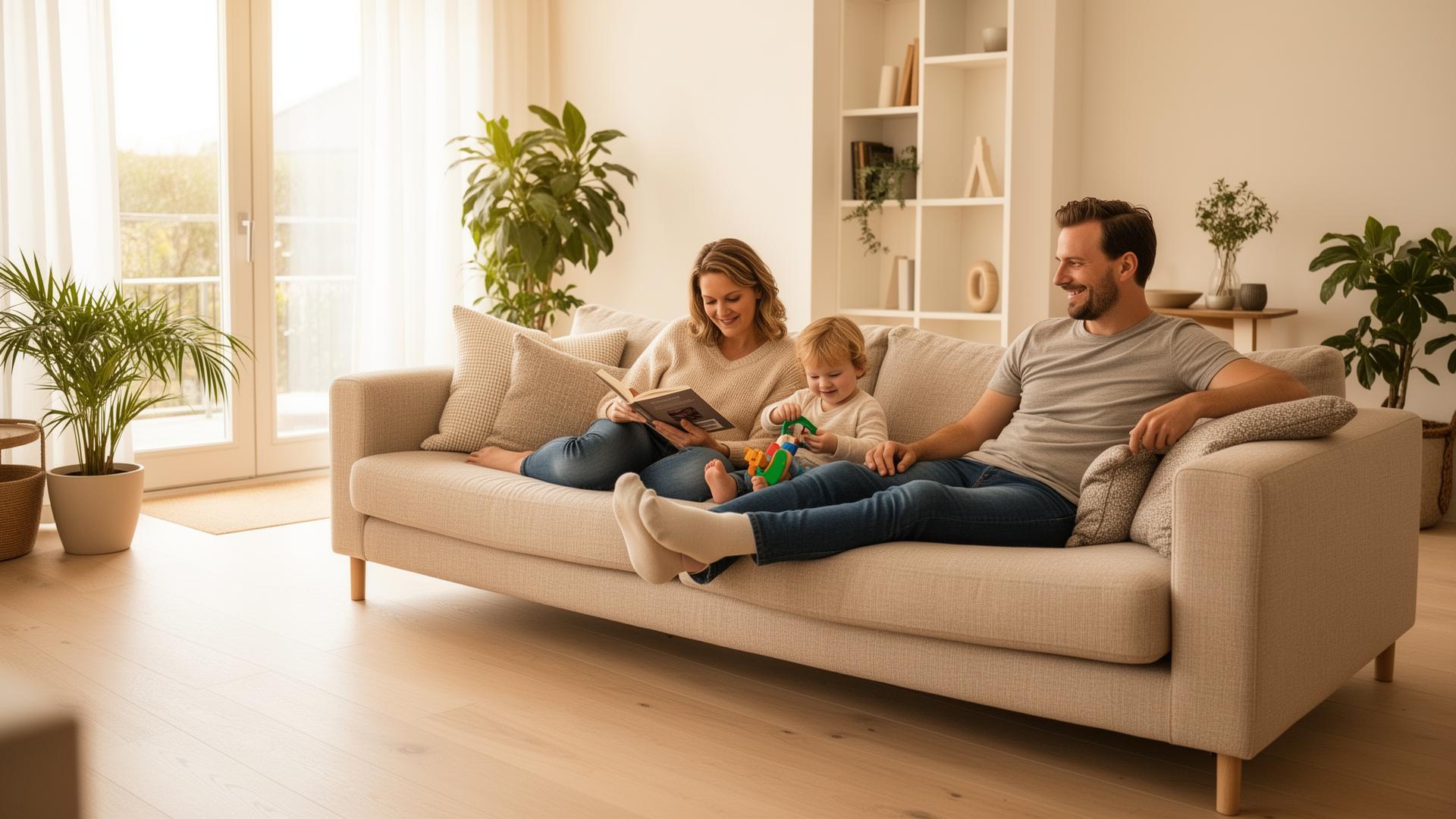 Nederlands gezin geniet samen van een warme, comfortabele woonkamer dankzij vloerverwarming