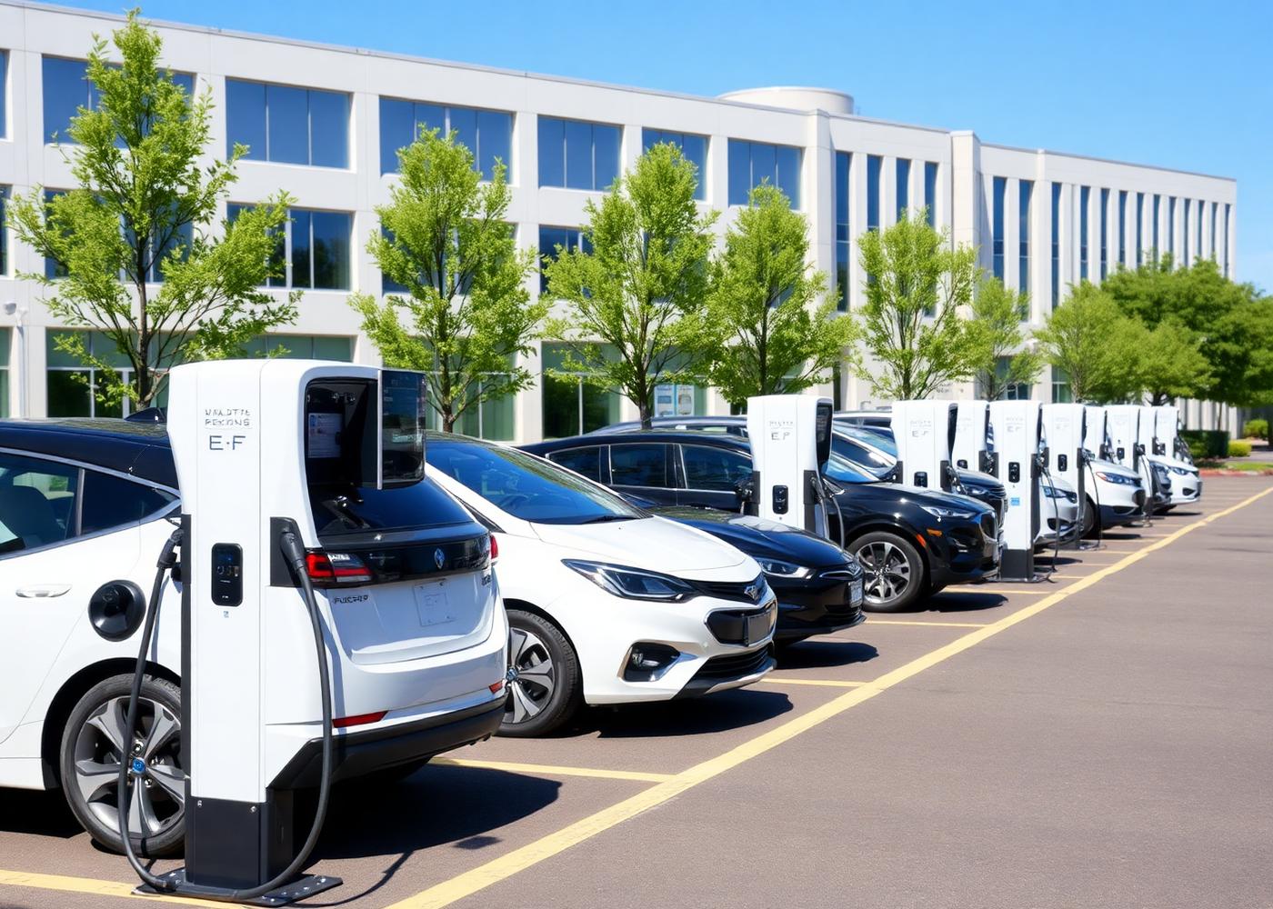 Bedrijfsparkeerterrein met meerdere laadpalen en elektrische auto's
